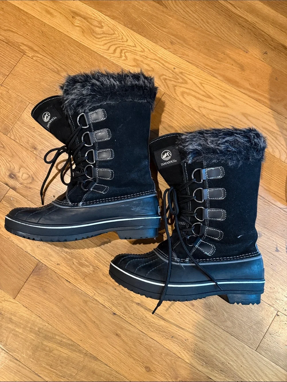 Waterproof Black Faux-Fur Lace-Up Winter Boots